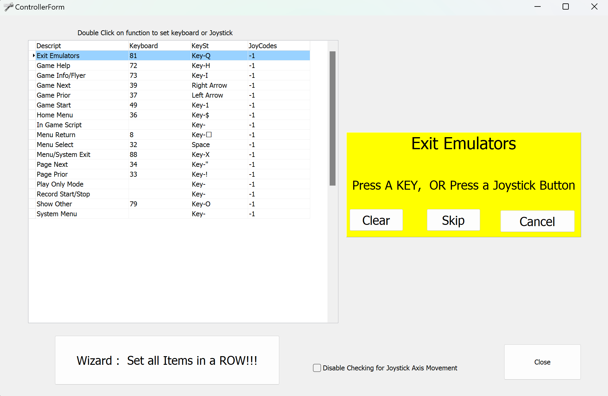 Controller setup tab