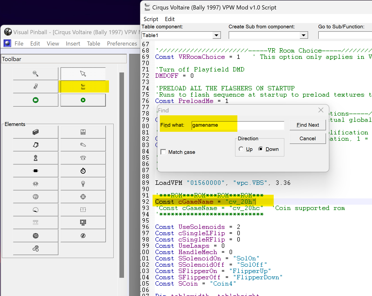 Finding the ROM name in VPX script editor