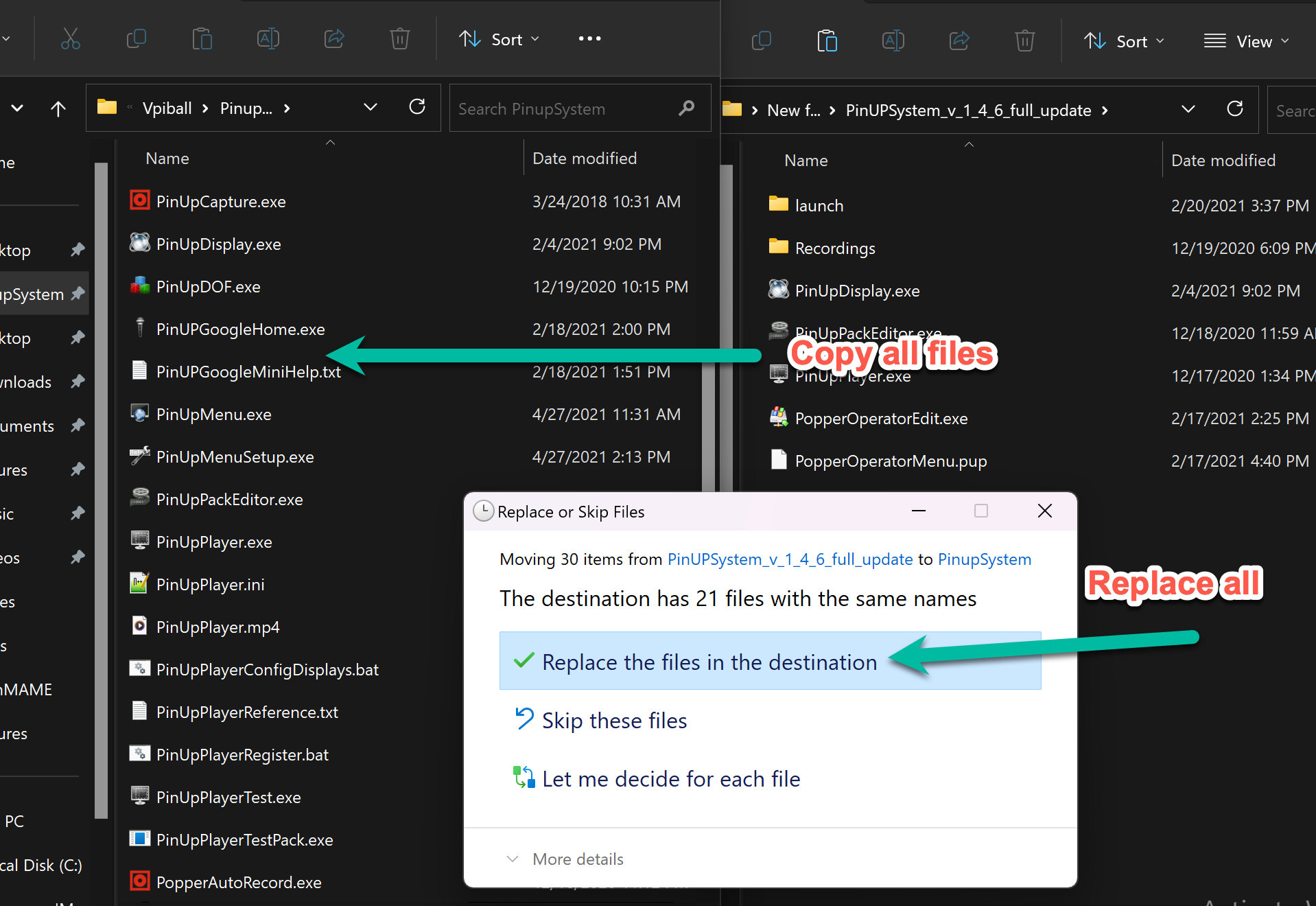 Upgrade files highlighted in yellow