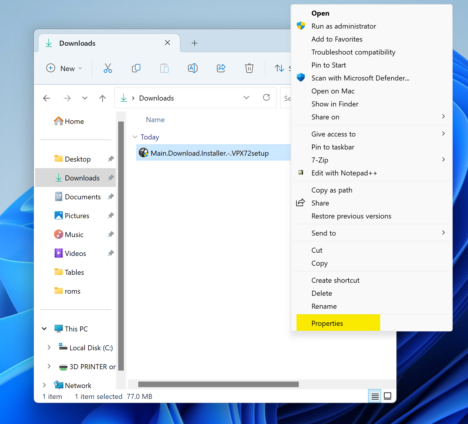 Right-click Properties