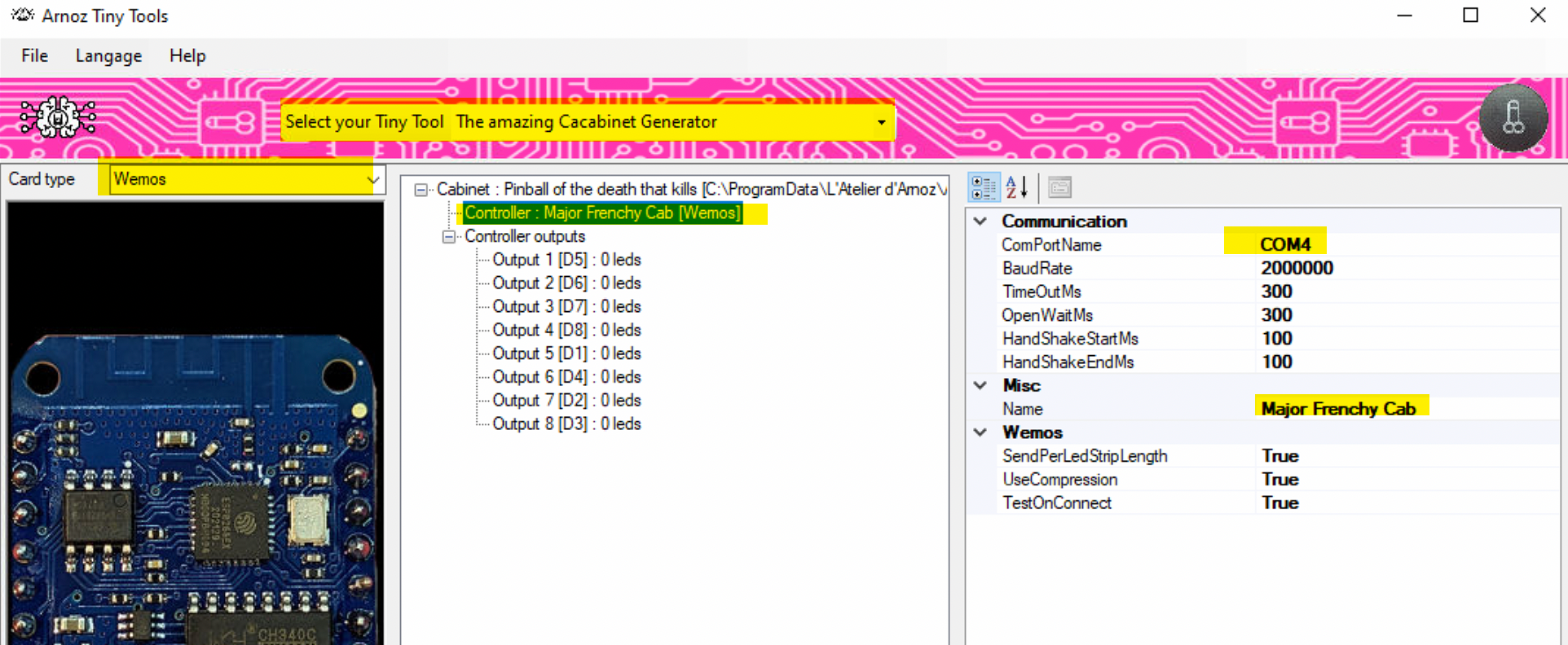 Cabinet configurator — set COM port