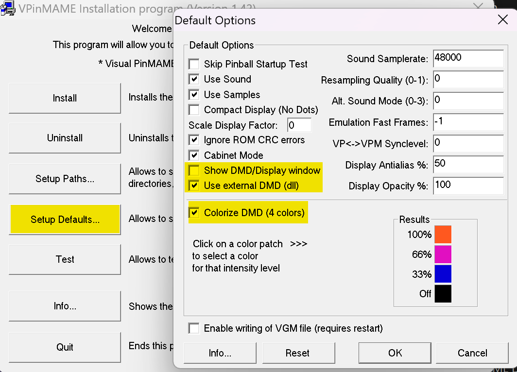 Vpinmame setup options