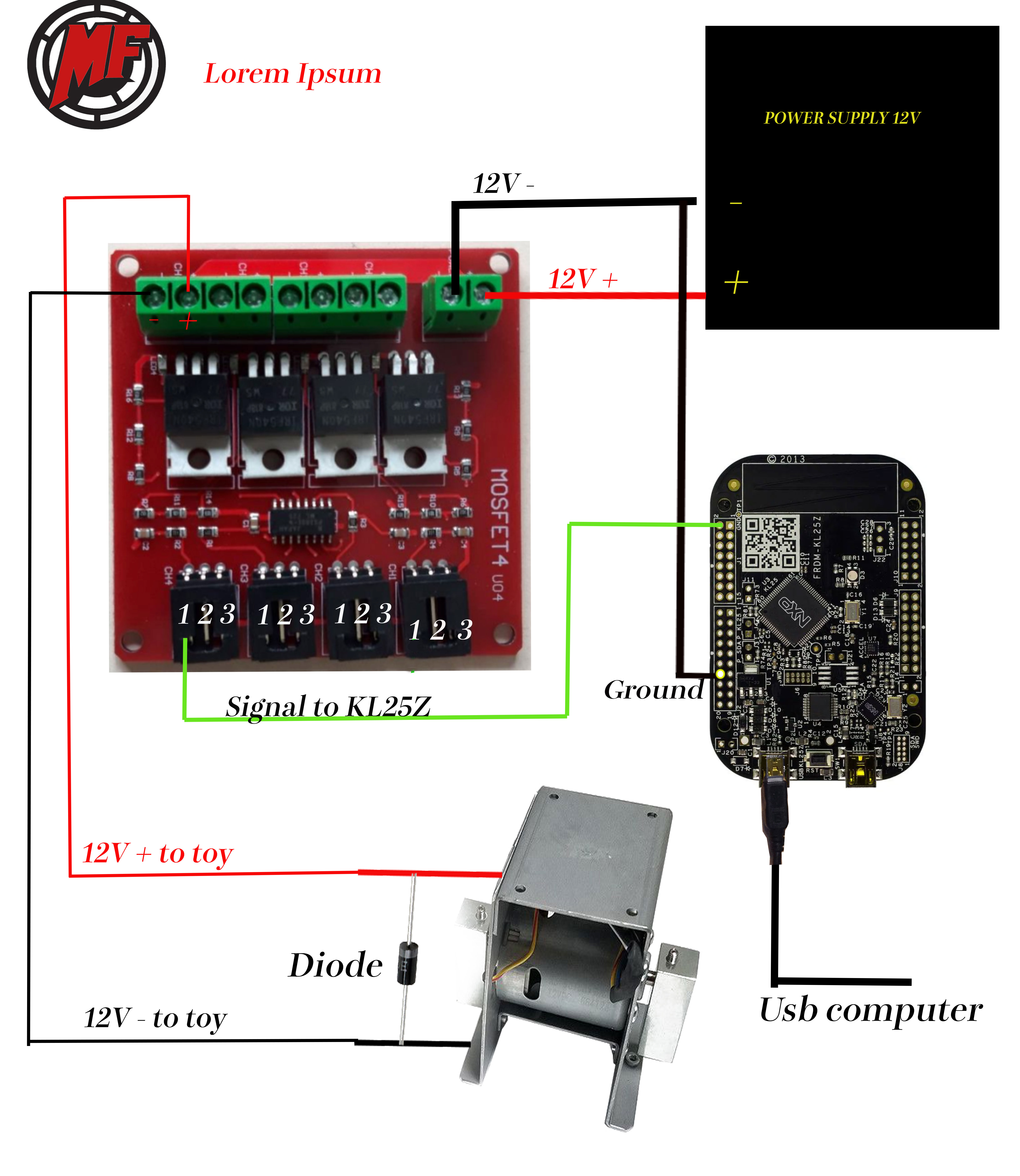 12V shaker motor connected via KL25Z and MOSFET