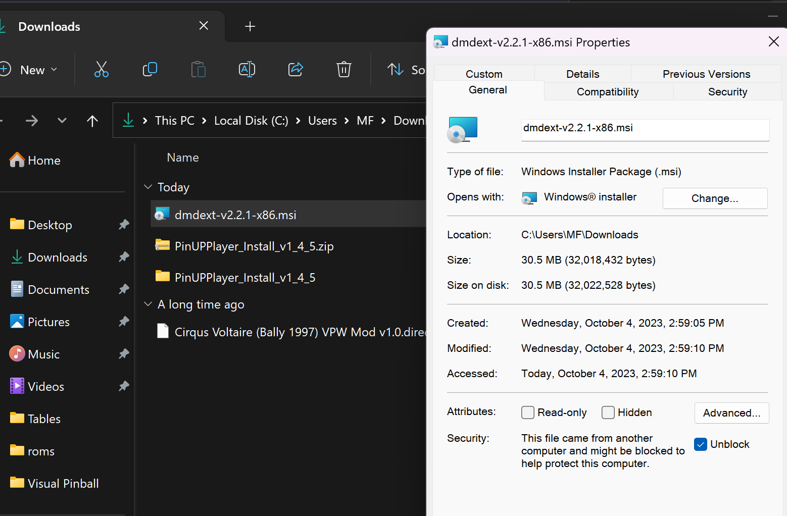 Right click Properties Unblock