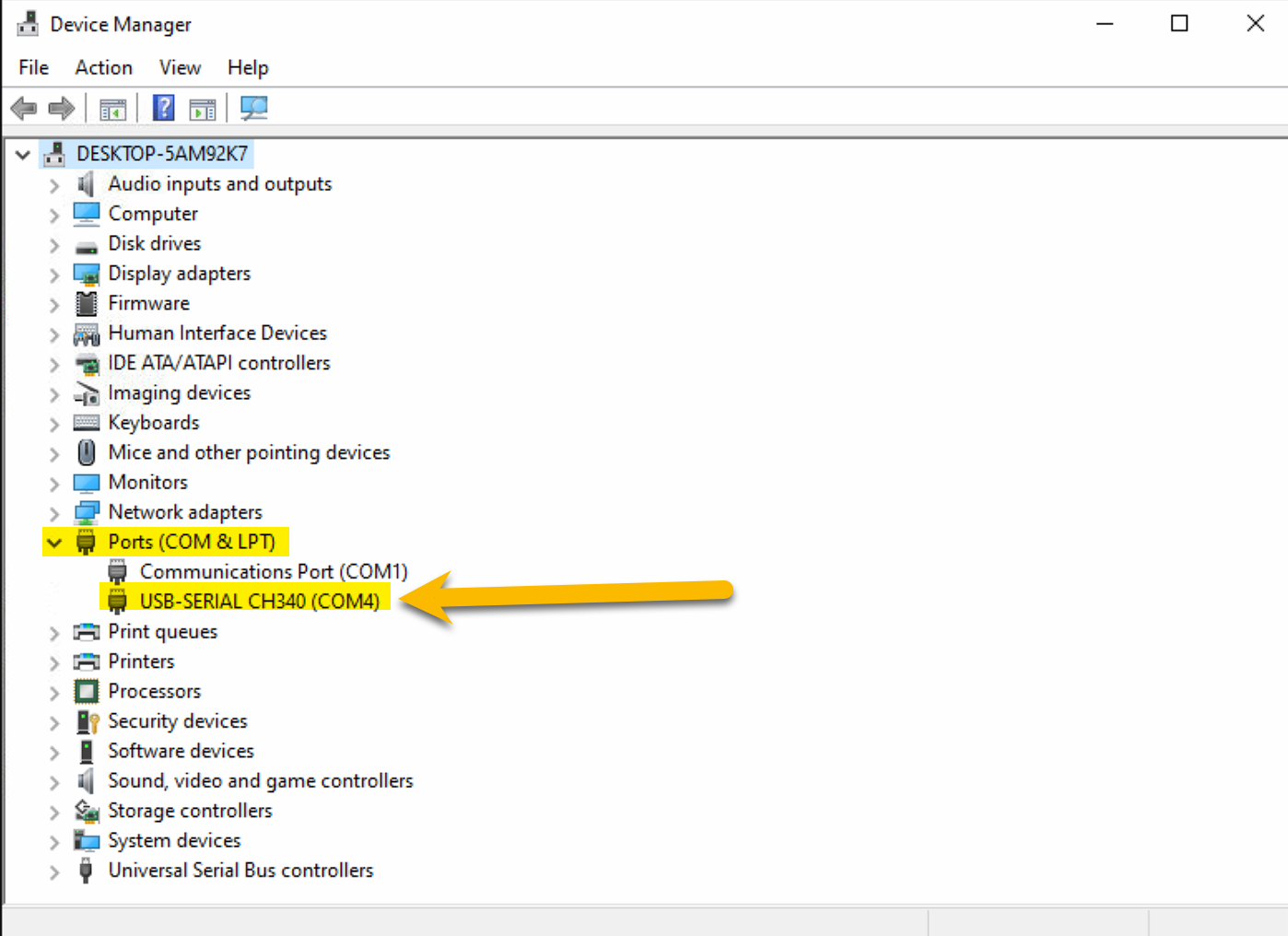 COM port in Device Manager