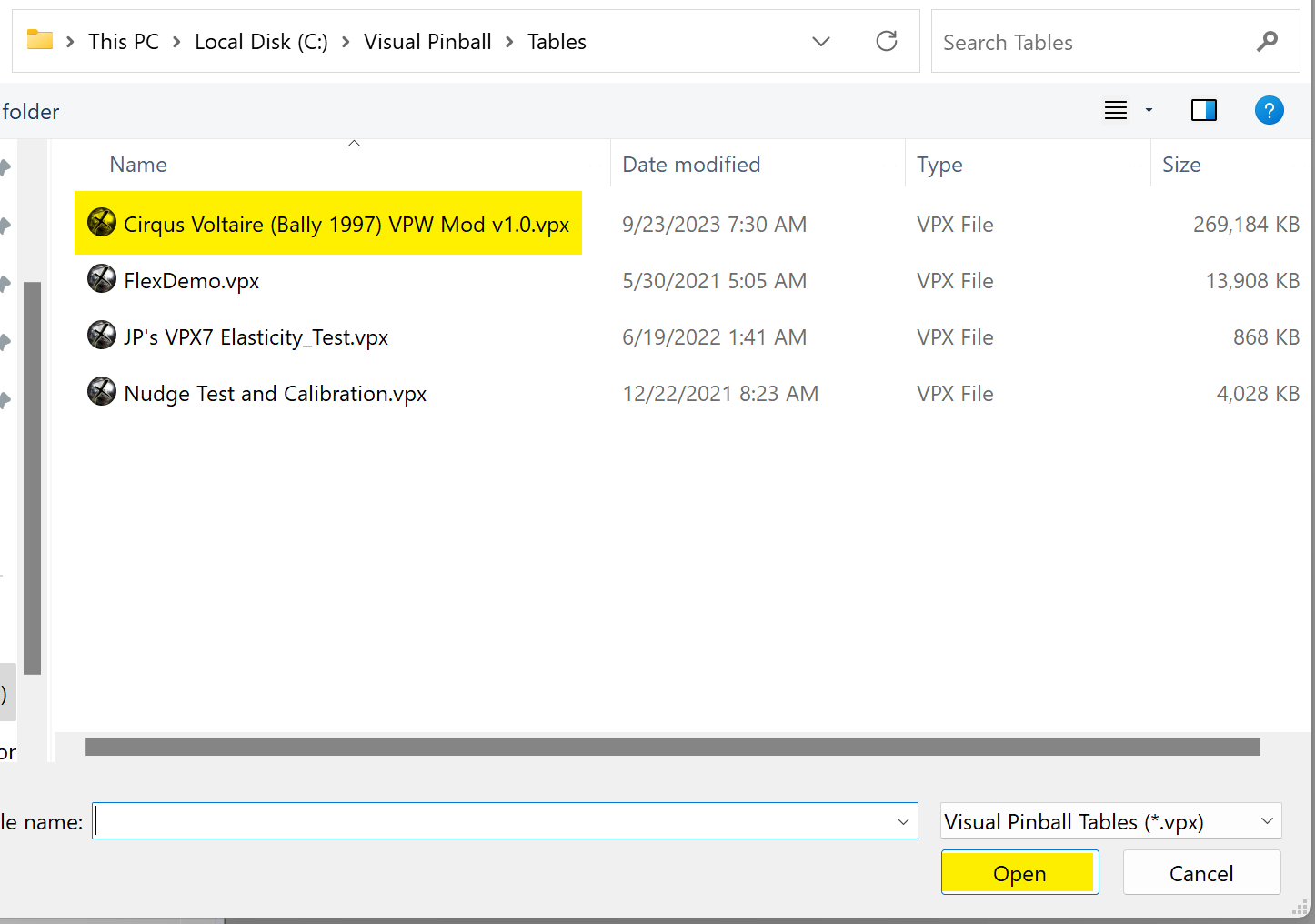 Open table in VPX editor